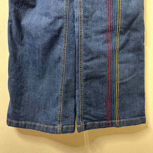 Sz 8 NWOT ModCloth Rainbow Denim Overalls Wide-Leg Embroidered Bib Retro Kidcore - Picture 4 of 10